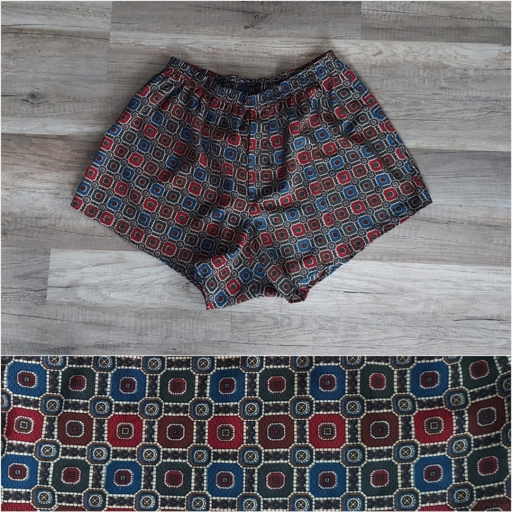 Vintage 90s Silky Boxer Shorts Medium Burgundy Green Blue Patterned Print